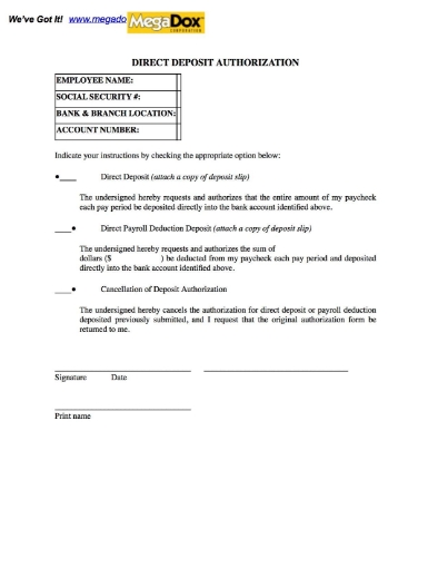 authorization for direct deposit form