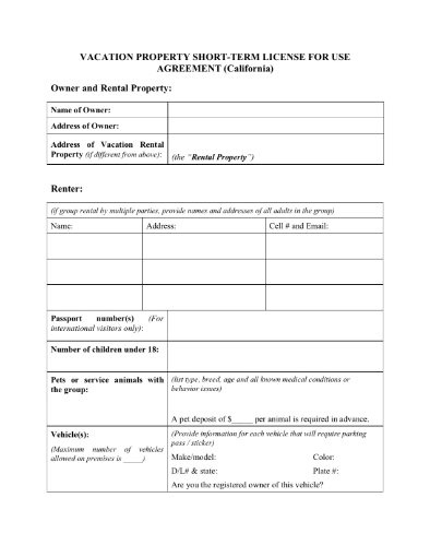 Picture of California Vacation Property Rental Agreement