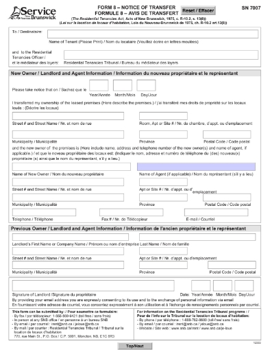 Picture of New Brunswick Notice of Transfer of Ownership of Rental Premises