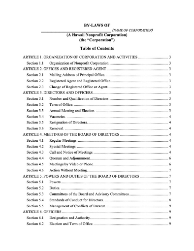 Picture of Hawaii Bylaws of Nonprofit Corporation