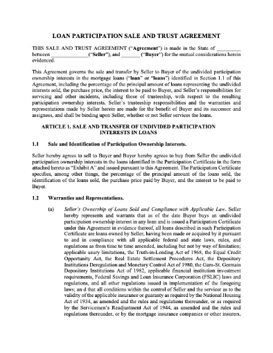 Picture of Loan Participation Sale and Trust Agreement | USA