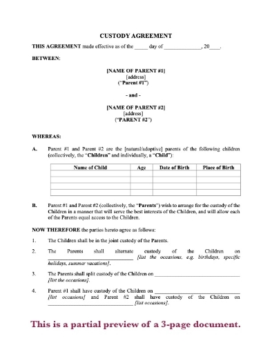 Picture of Short Form Custody Agreement | USA