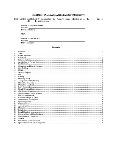 Picture of Mississippi Fixed Term Residential Lease Agreement