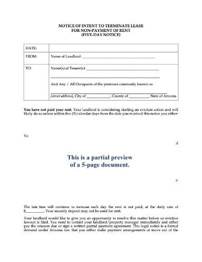 Picture of Arizona 5 Day Notice of Intent to Terminate Lease